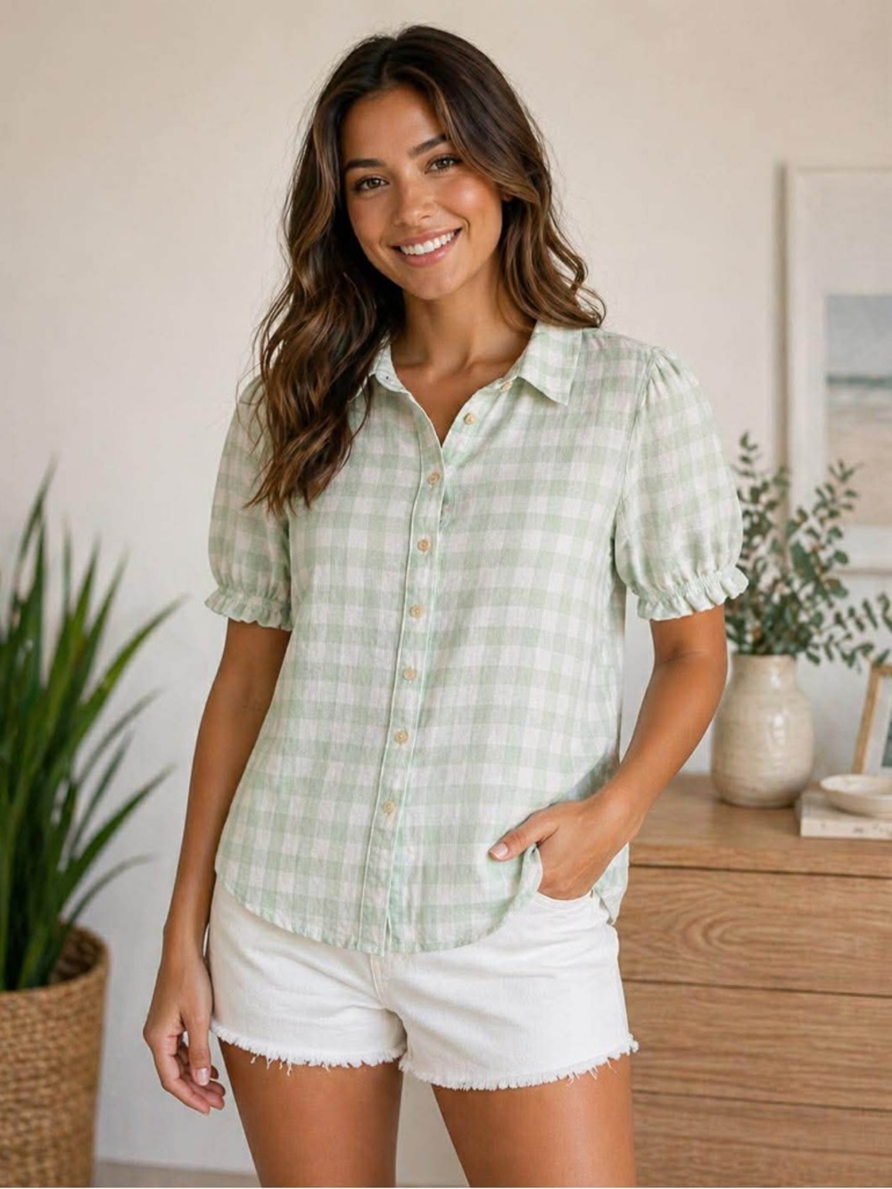 Laura Ashley Mint Green and White Short-Sleeve Button Down Linen Shirt